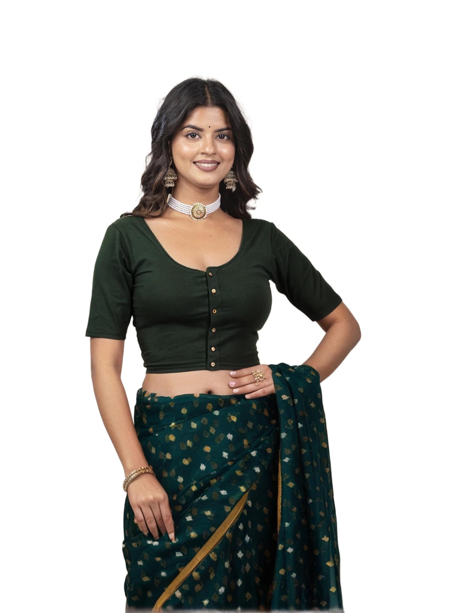Women's Cotton Lycra Stretchable Front Button Readymade Saree Blouse | Half Sleeve Deep Round Neck Blouse for Women | Casual, Ethnic | 15 Colors Available-picture-41