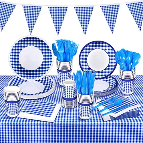 durony 146 Piece Blue and White Plaid Gingham Party Supplies Tableware Set Disposable Paper Plates Napkins Cups Cutlery Spoons Tablecloth Banner for Picnic Decorations Birthday Party Family Dinner