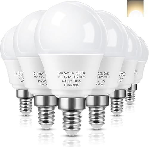 Miniatura 8 de Bombillas para ventilador de techo E12 regulables, bombilla LED equivalente a 60 W, blanco cálido 3000 K, bombilla redonda LED E12 de base pequeña