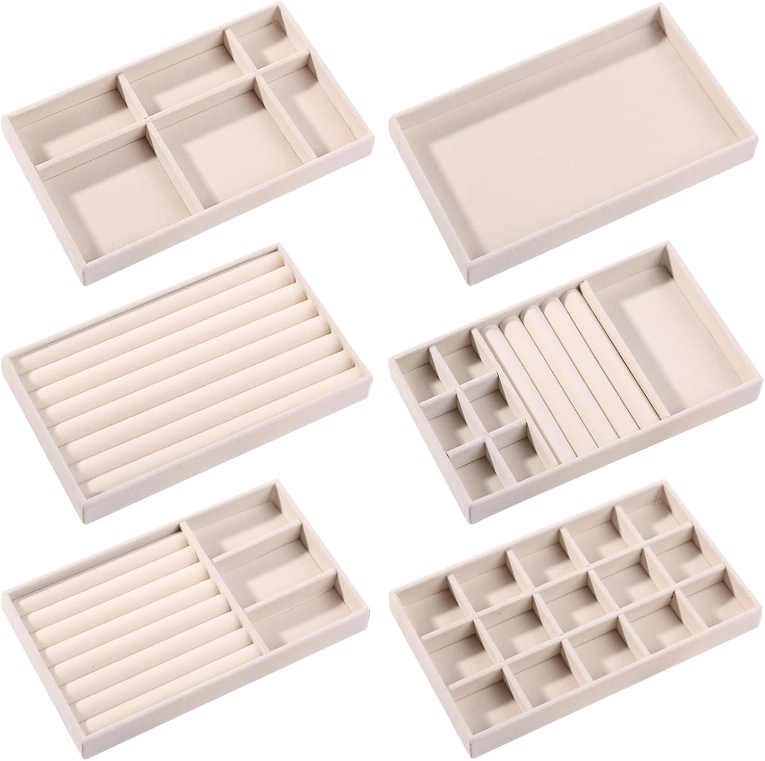 6 Pieces Jewellery Tray Jewellery Storage Jewellery Organiser Drawer Velvet Stackable Jewellery Insert Jewellery Storage Drawer for Earrings Ring Bracelet Brooches Necklaces Beige