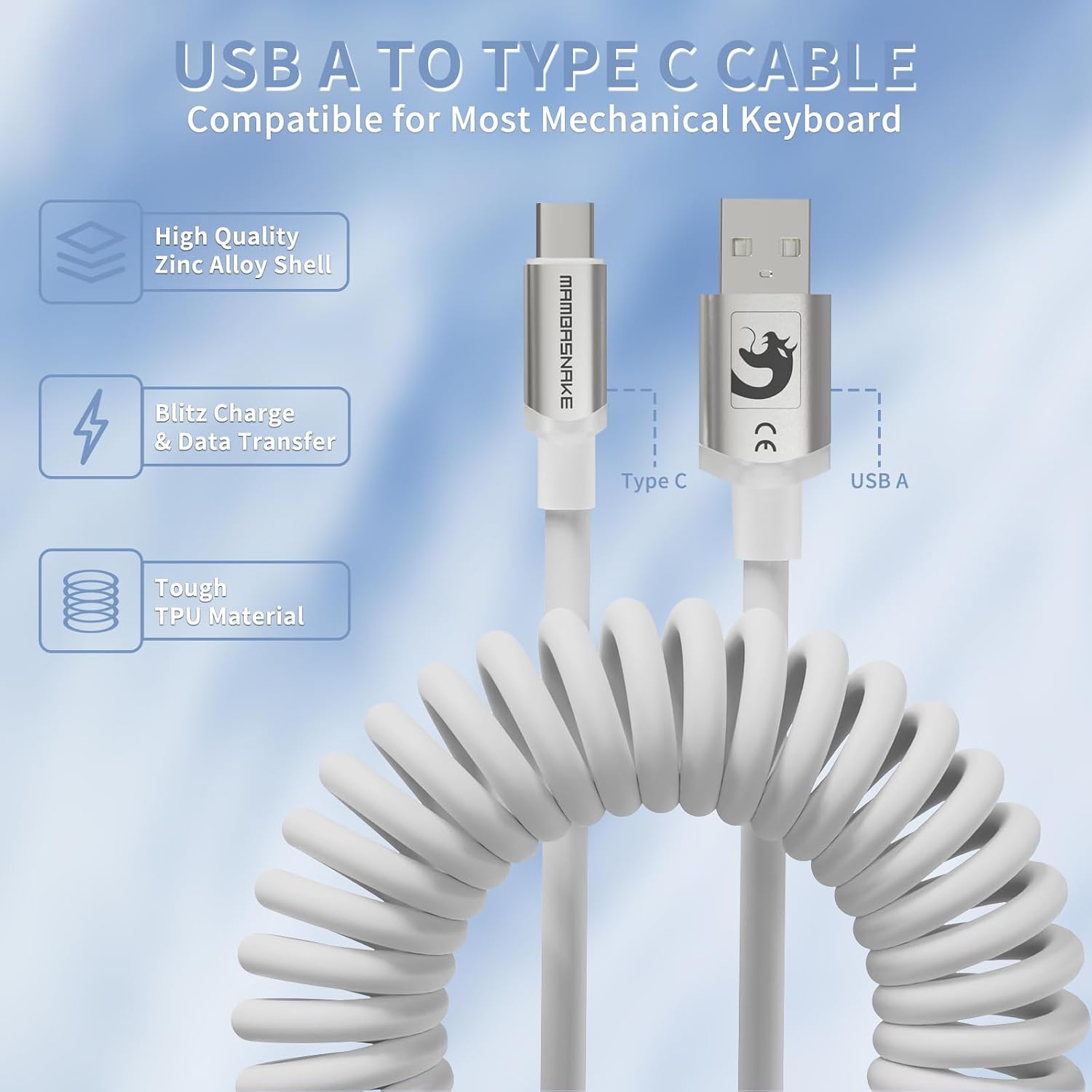 MAMBASNAKE C01 Ultra RGB Coiled Keyboard Cable,Pro Custom USB-C Aviator Cable for Gaming Keyboards,Stable Dual-Sleeved Design,2m Type-C to USB-A Hyper-Speed,Detachable Metal Aviator for PC Gamer,White