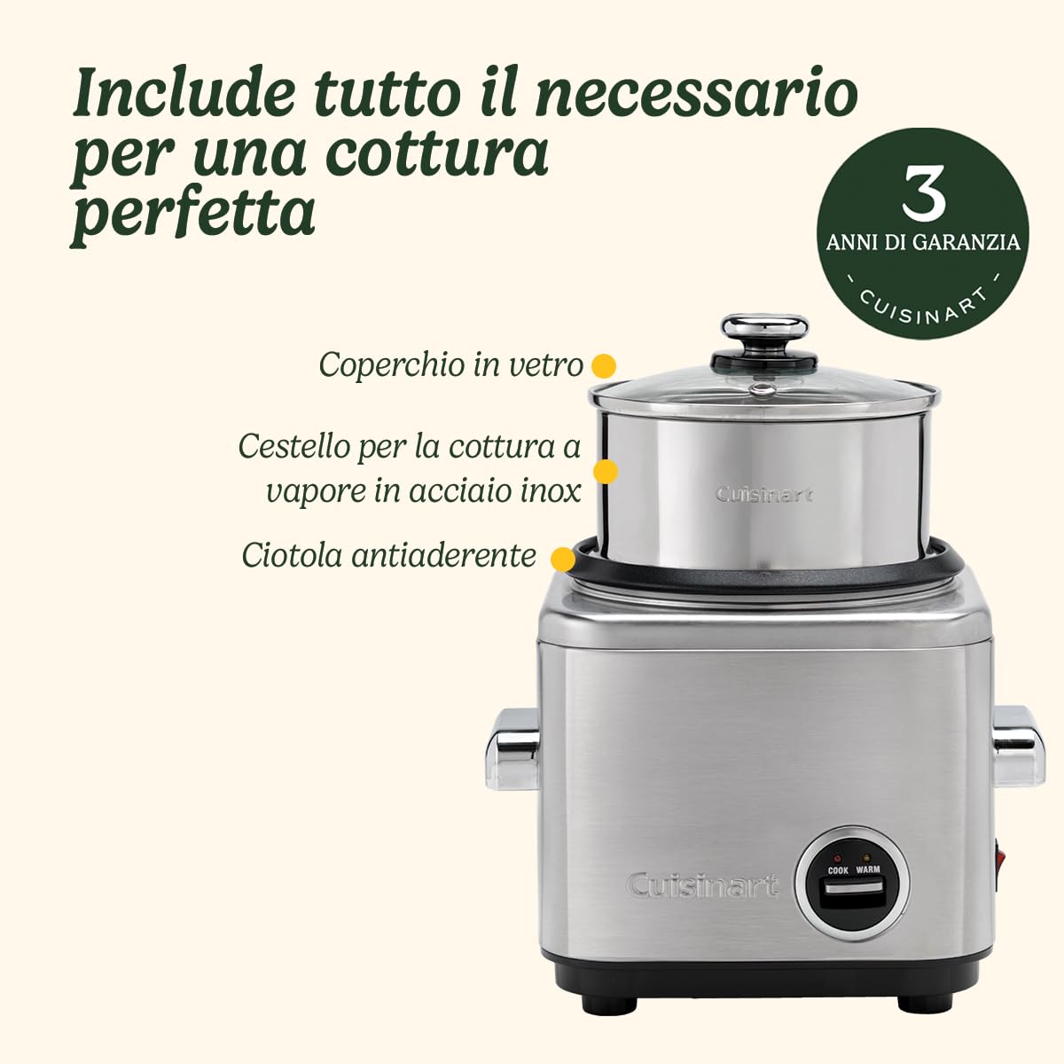 Cuisinart Cuociriso Multifunzone | Cuoce a vapore e mantiene al caldo | Cavo retrattile | Recipiente Antiaderente e Cestino in Acciaio Inox senza BPA | Fino a 400g di riso, 6 Porzioni