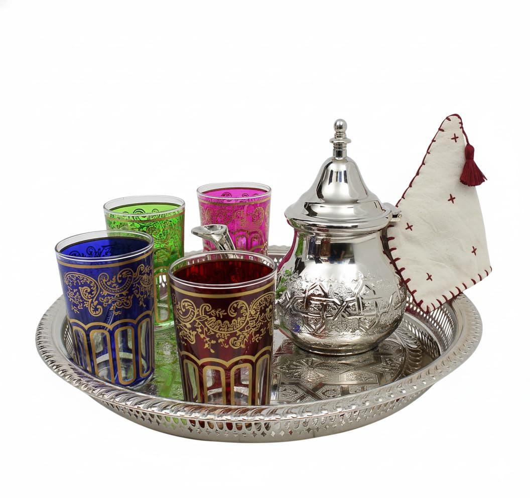 Mint Tea Set Medium: Silver Tray 35 cm Medium Teapot with Integrated Filter and Teapot Holder, 4 Multicoloured Tea Glasses. Handmade Serving Tea Set
