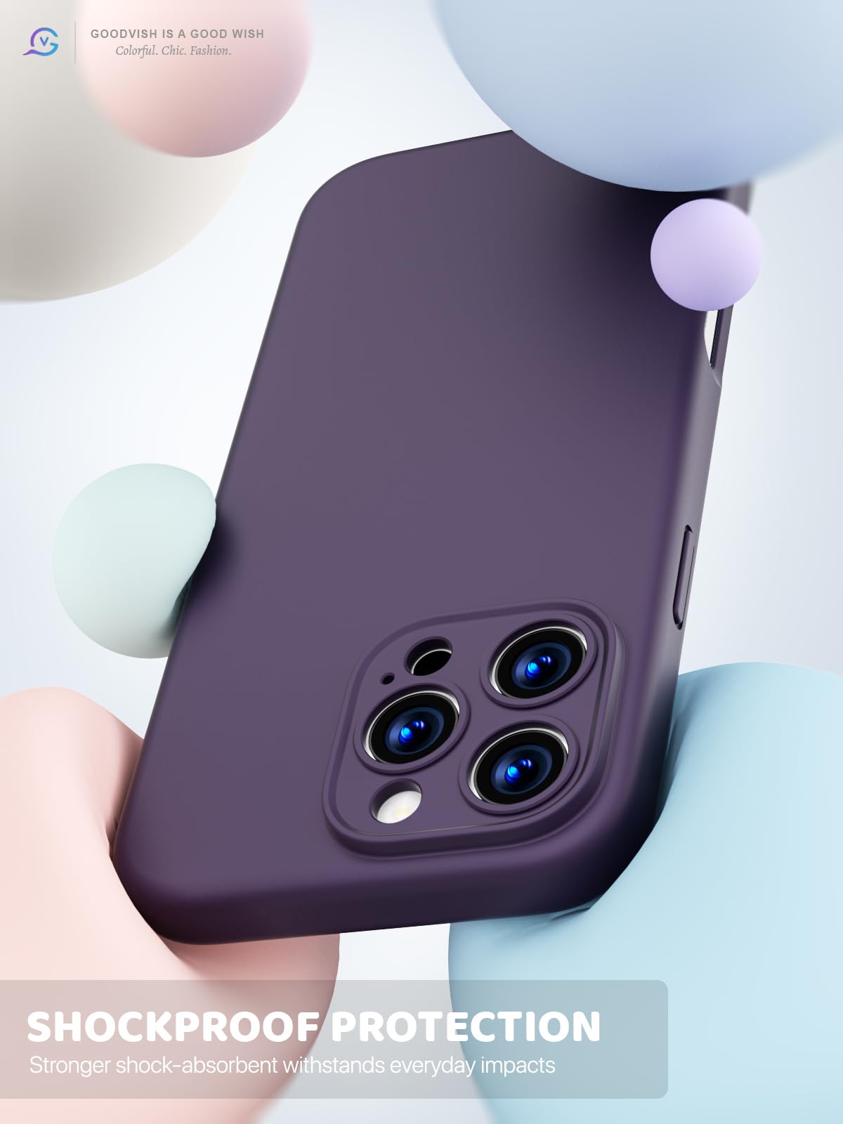 GOODVISH 3 in 1 Silicone Cover per iPhone 16 Pro Max 6.9", Custodia con 2 Pellicola Vetro Temperato [Protezione Fotocamera] Protezione Anticaduta Case per Cellulare Antiurto Resistente, Viola Scuro