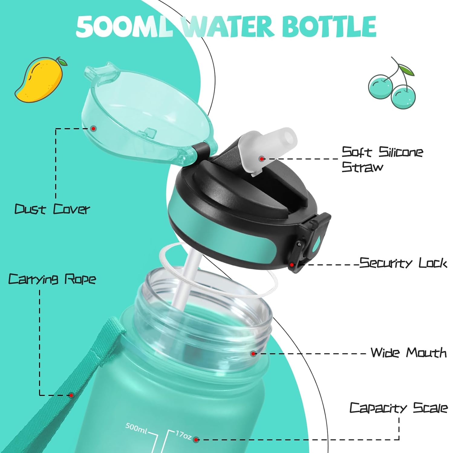 Children's Water Bottle, 500 ml, Drinking Bottle, Drinking Bottle with Straw, Easy to Clean, Water Bottle Time, Leak-Proof, Water Bottle with Time Marking for School, Camping, Running, Green