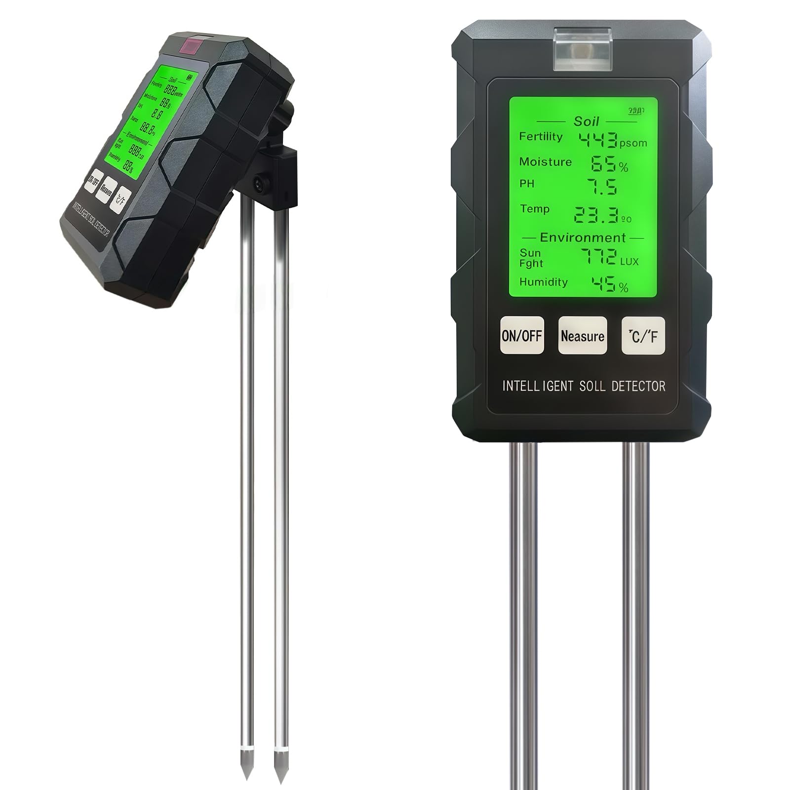 Testeur de pH du Sol 6 en 1, Hygrometre Plante pour Sol/humidité/ph/température/lumière/humidité ambiante, avec Double Sonde et Pliable à 90 ° écran LCD pour jardin pelouse et plantes d'intérieur