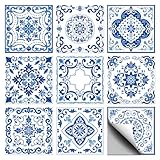CHGCRAFT 36 Pcs 9 Style Tile Stickers Retro Style Peel and Stick Wall Stickers Blue and White Porcelain Geometric Waterproof Self Adhesive Stick on Tiles Decals for Bathroom Wall Art Decor, 4×4 Inch