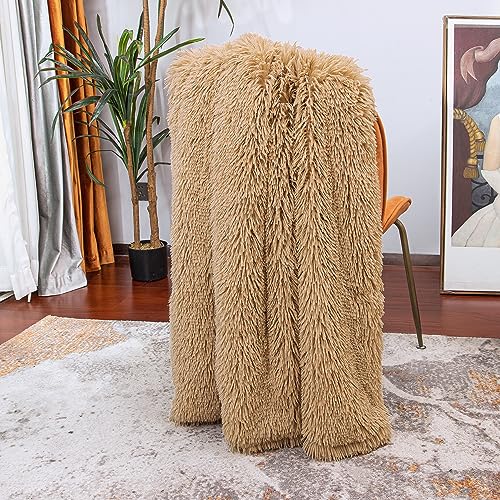 Image of Tuddrom Decorative Extra Soft Faux Fur Blanket Twin Size,Solid Reversible Fuzzy Lightweight Long Hair Shaggy Blanket,Fluffy Plush Fleece Comfy Microfiber Throw Blanket for Couch Sofa Bed,Camel