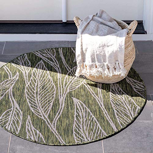 Unique Loom Botanical Collection Casual Leafs Transitional Indoor and Outdoor Flatweave Round Rug, 4 Feet, green/ivory