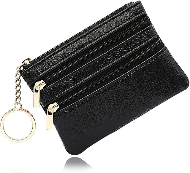 Women's Genuine Leather Coin Purse, Change Wallet, Mini Pouch Change Wallet, Zipper Mini Cash Wallet with Key Ring