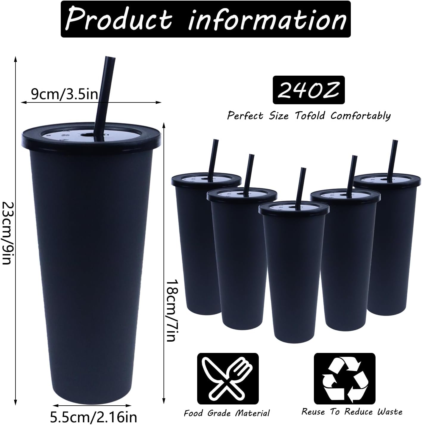 30 Pack Halloween Black Plastic Cups with Lids and Straws, 24 oz Disposable Plastic Tumblers Iced Coffee Cups Travel Mug Cup for Juices Birthday Bachelorette Party Wedding (Black,24 oz) - Image 3