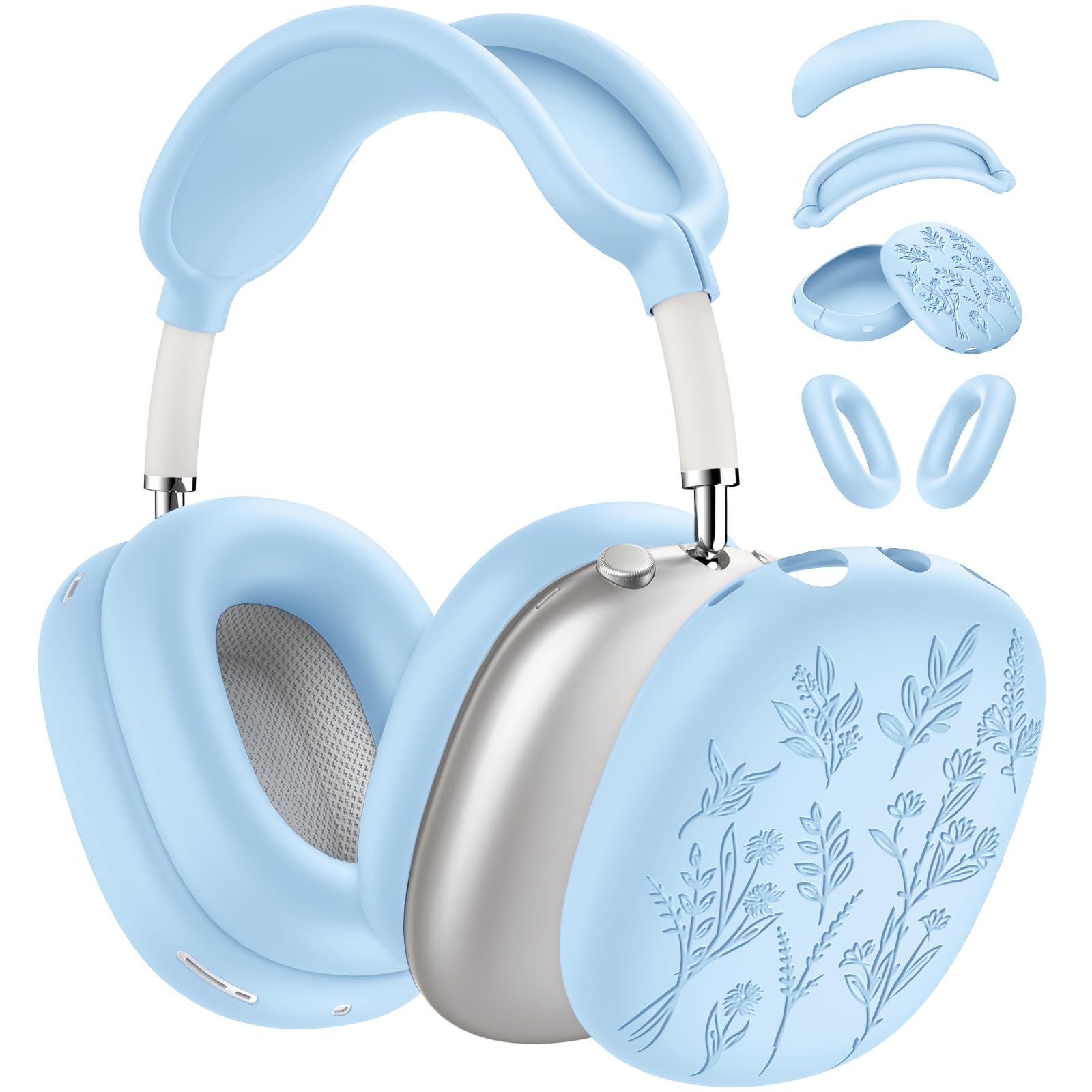 [4 in 1] Flower Engraved Silicone Case Cover for AirPods Max USB-C (2024), Anti-Scratch Sweat-Proof Ear Pad Case Cover/Ear Cups Cover/Headband Cover