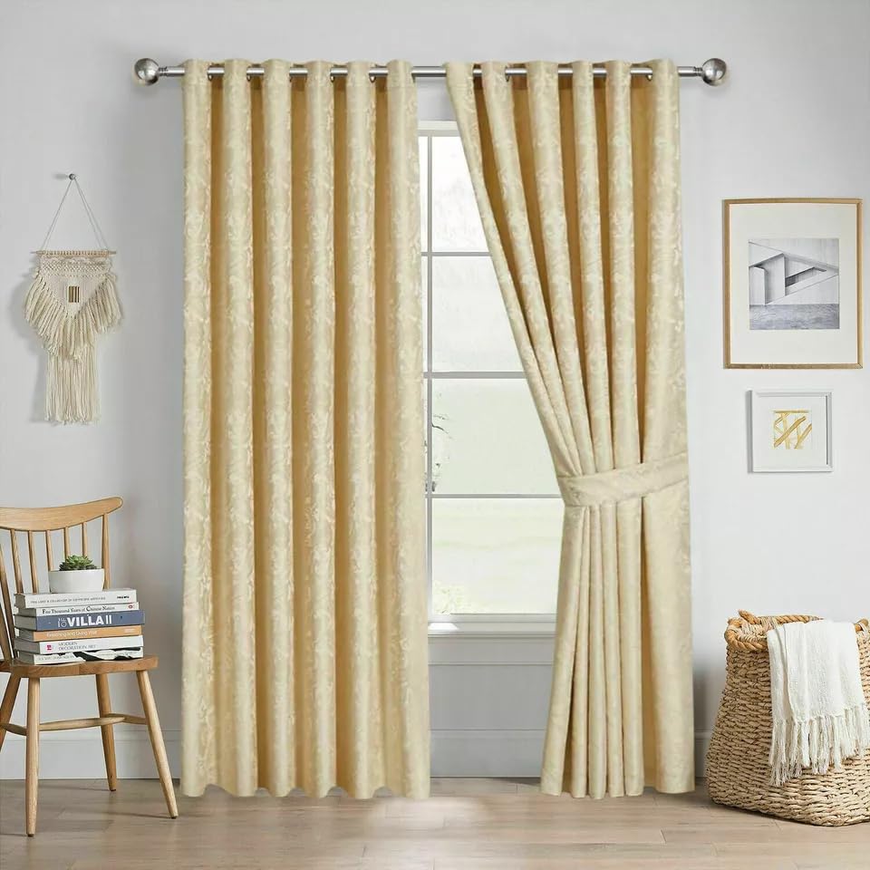 Online Bedding Jacquard Curtains For Bedroom - Fully Lined Eyelet Ring Top With Pair Tieback - Energy Saving lightweight curtains (Beige, 90″x 72″ (228cm x 183cm))