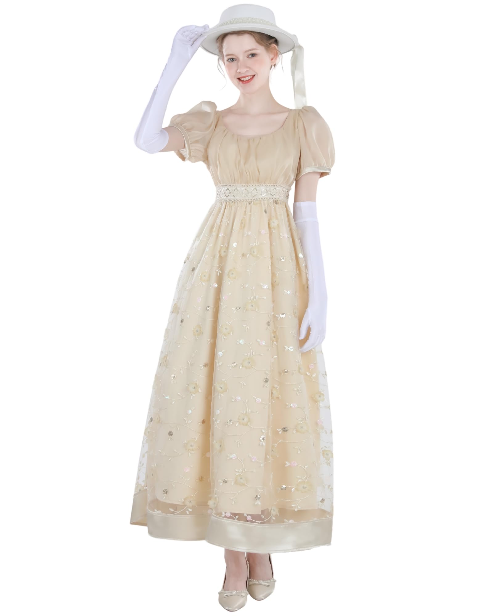 Regency Vestido de mujer maxi de estilo imperio con encaje y mangas abullonadas, vestido de noche vintage con guantes, elegante para bodas o fiestas