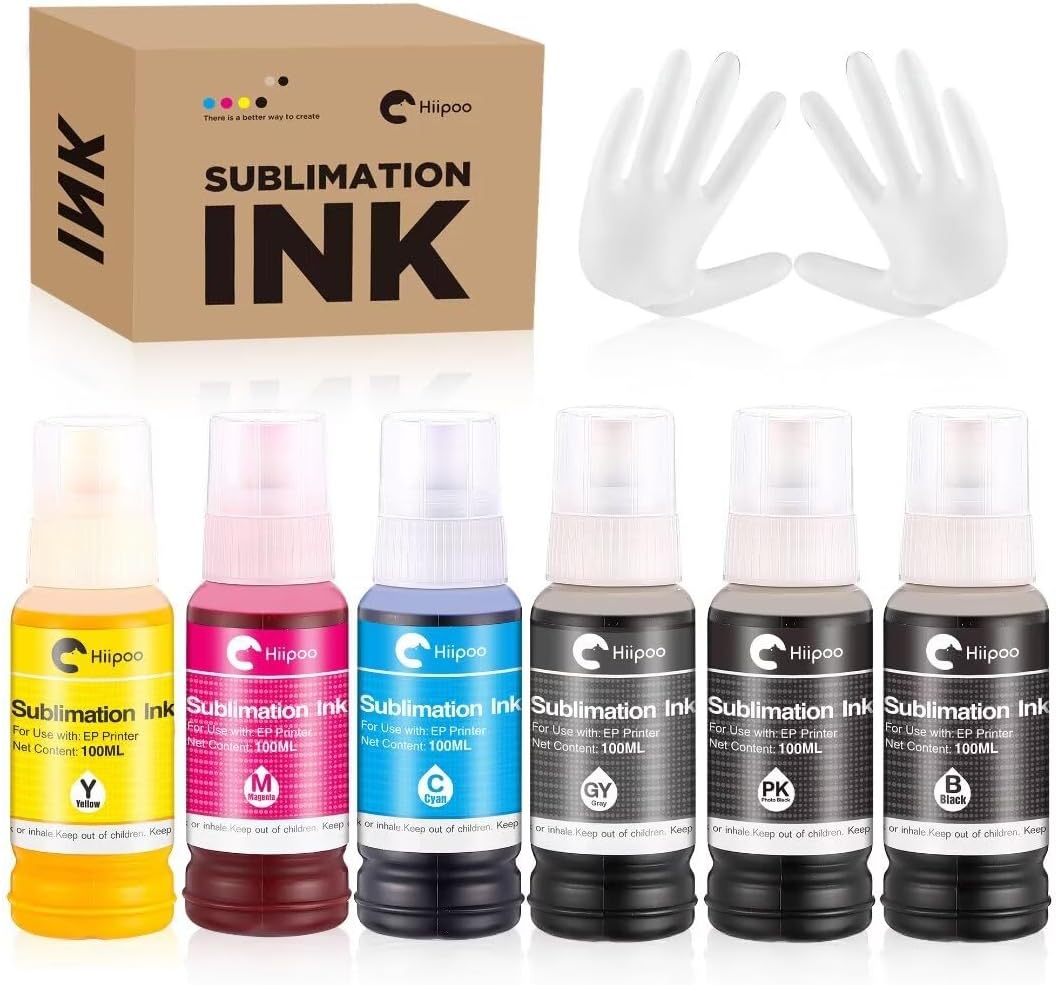 Hiipoo 600ML 552 t552 Sublimation Ink for EcoTank ET-8500 ET-8550 Wide-Format Supertank Printers Heat Press Transfer on T-Shirt Tumblers (6 Color, 1PK,1BK,1C,1M, 1Y, 1GY)