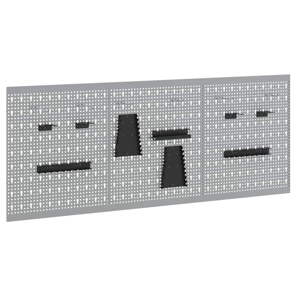 Graue Werkzeugwand 150 cm, 3er Set Werkzeugwandpaneel aus Holzwerkstoff und Stahl, industrielle Werkzeugaufbewahrung für schwere Werkzeuge, modernes Design mit dezentem Grauton,