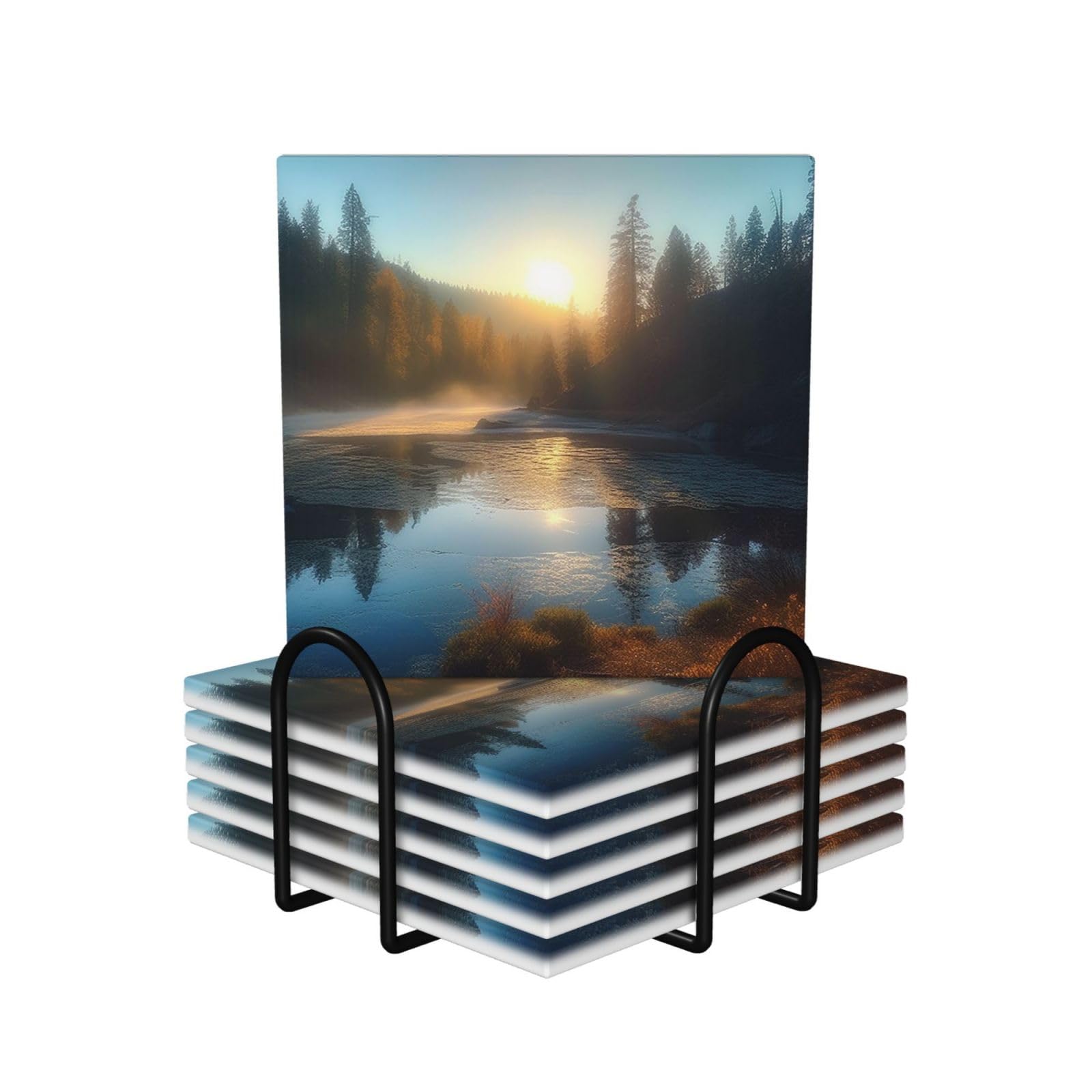 6Pcs Ceramics Coaster for Drinks, Sunrise Over Mountain Forest Lake Cup Coasters with Holder, Aesthetic Drink Coasters for Coffee Table, Absorbent Round Coaster for Tabletop Protection 4" Cup Mat Pad