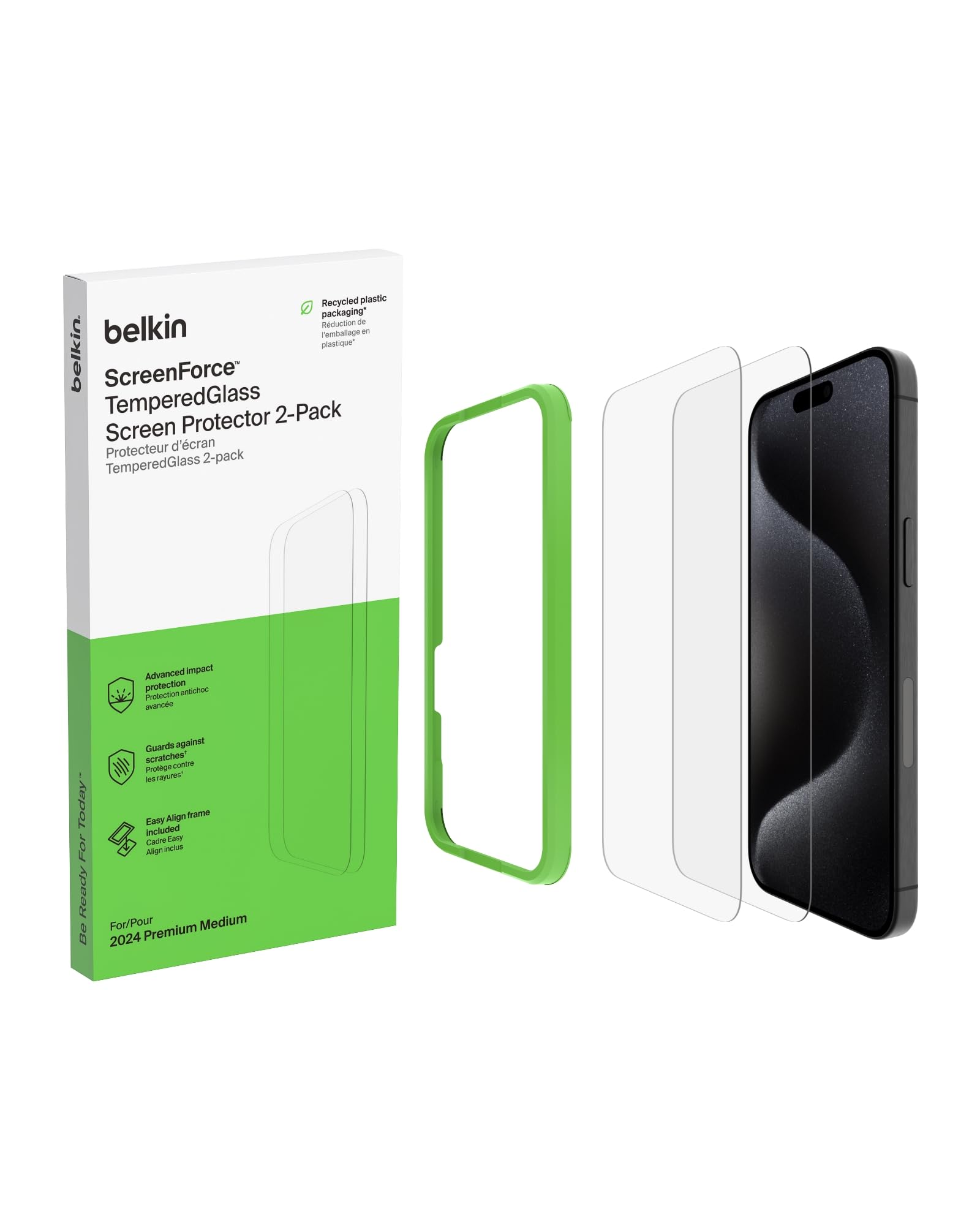 ScreenForce TemperedGlass Screen Protector for iPhone 17 + iPhone 16 Pro, Scratch-Resistant Impact Protection, Easy Align Frame for Bubble Free Application Included, 9H Hardness Tested - 2-pack