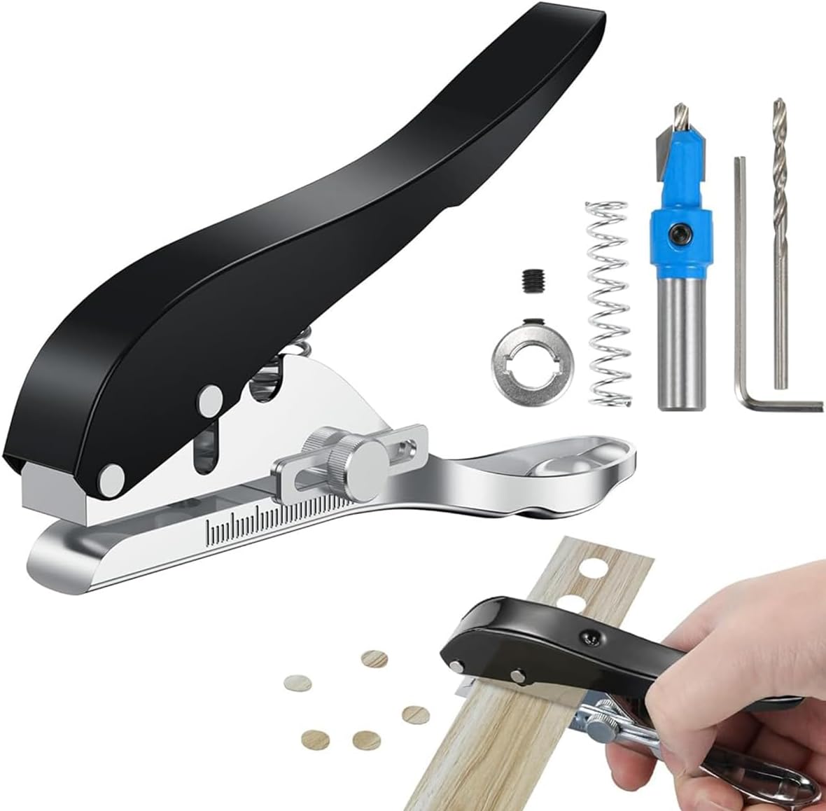 Serplex® Manual Hole Punch Kit Heavy Duty Spring Loaded Hole Punch 10mm Hole Size Punching Tool for Wooden Edge Bands, Plastic Sheets, Paper, with Drill & Drill Stop Collar