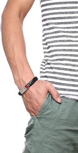 Miniatura 5 de VNOX Grabado gratis brazalete de acero inoxidable de cuero genuino con alerta médica para hombres y mujeres, 8.3 pulgadas, Cuero, Sin gema