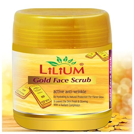 Lilium Gold Face Scrub, 500ml, Active Anti-Wrinkle Formula, Enriched with Gold Dust & Jojoba Oil, Deep Cleansing, Exfoliating, Brightens Skin, For Fairer, Glowing Complexion, Suitable for All Skin Types