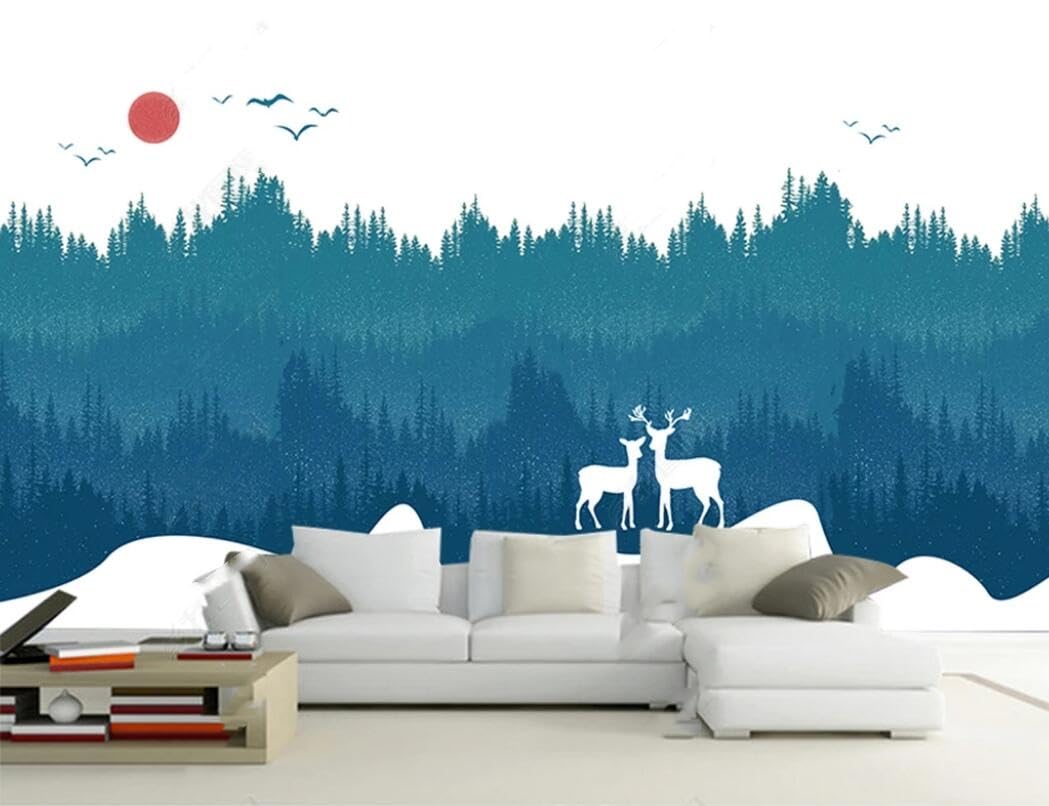 Poster géant mural élan de forêt bleu un chef-d'œuvre panoramique 3D haut de gamme