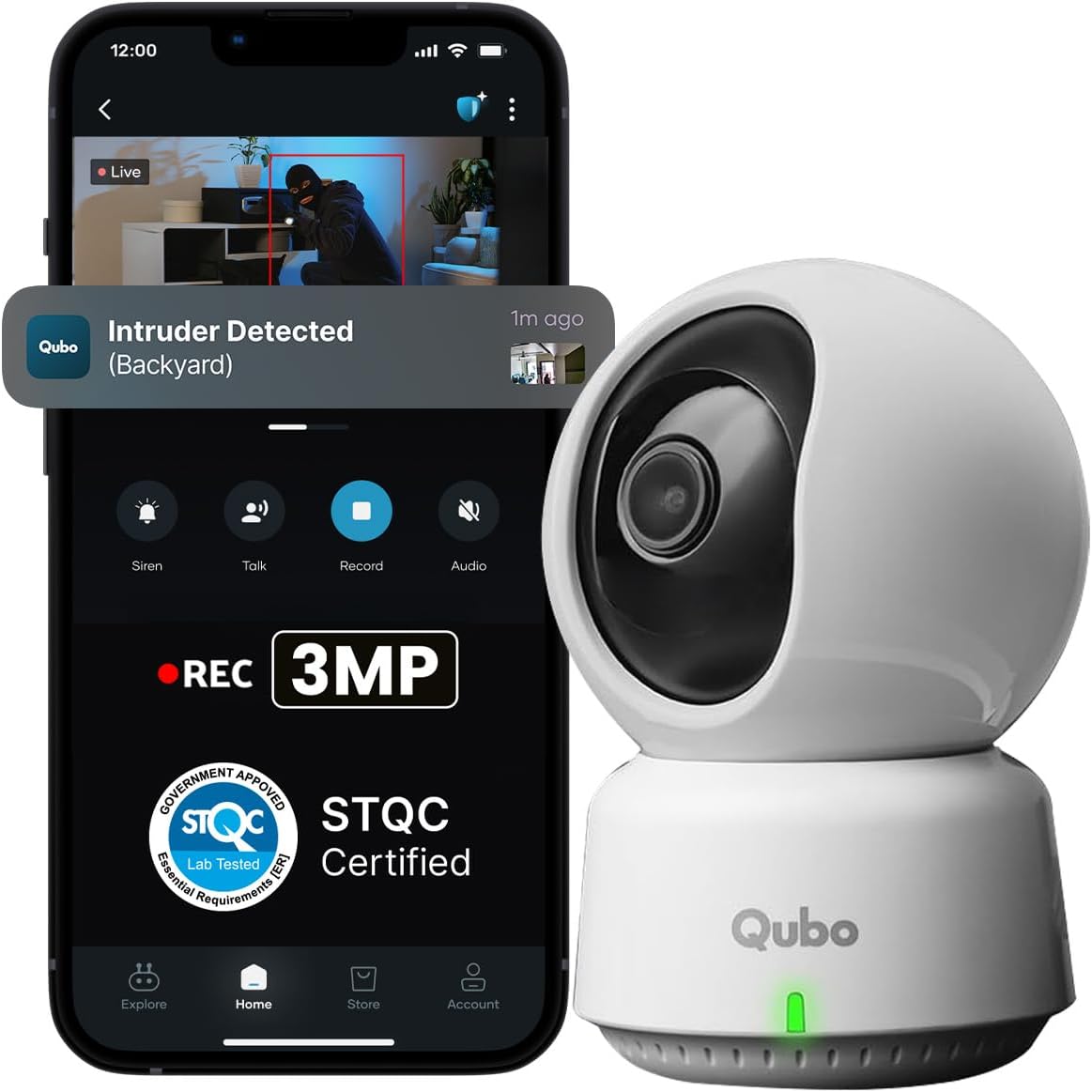 Qubo Smart 360° 3MP [2K] CCTV Camera | Wi-Fi Indoor Home Security Cam | STQC Certified | AI Person Detection | Automatic Alarm | App Alerts | NightPulse Vision | SD & Cloud Storage | Made in India