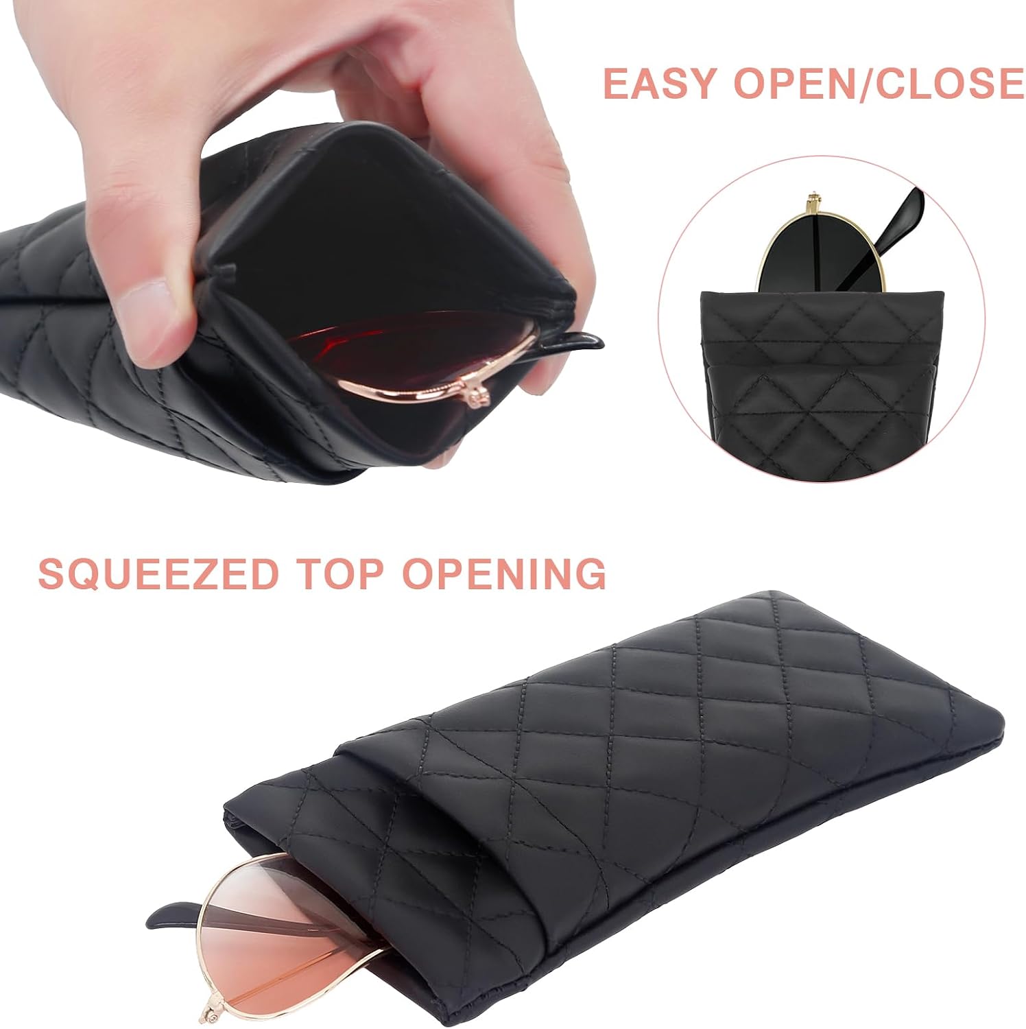 2 Pcs Double Eyeglasses Case, PU Leather Double Glass Case Large Squeeze Top Portable Sunglass Case For Women Men