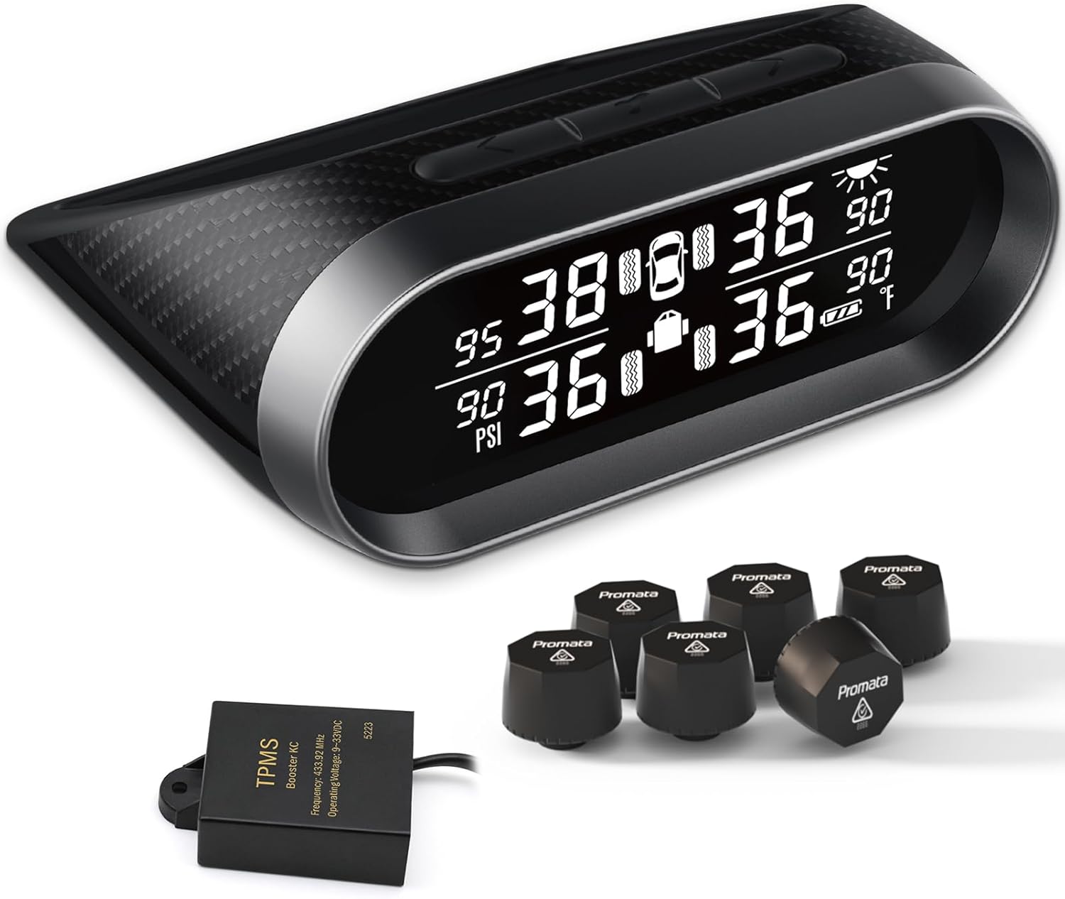 Promata RV Tire Pressure Monitoring System, Carbon Fiber Style RV TPMS with 6 Tire Pressure Sensors, Eye Protection Clear LCD Display, Intelligent Trailer Detection for Travel Trailer Motorhome Camper