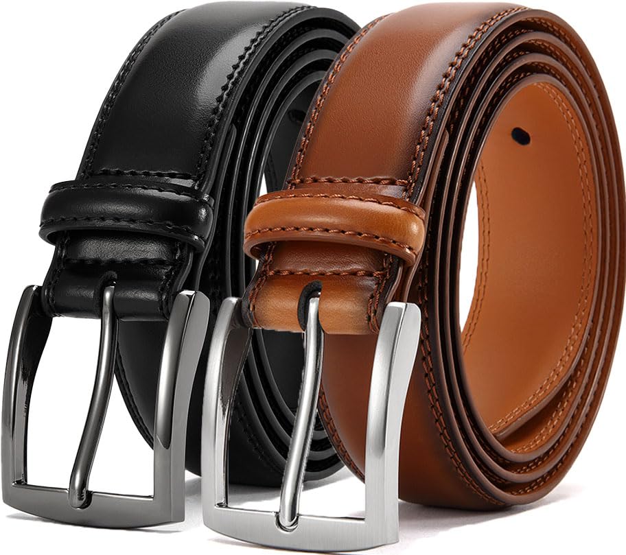 DOOPAI Mens Genuine Leather Dress Belt 2Pack - Handmade Classic Casual and Business Belt 100 Cow Leather Prong