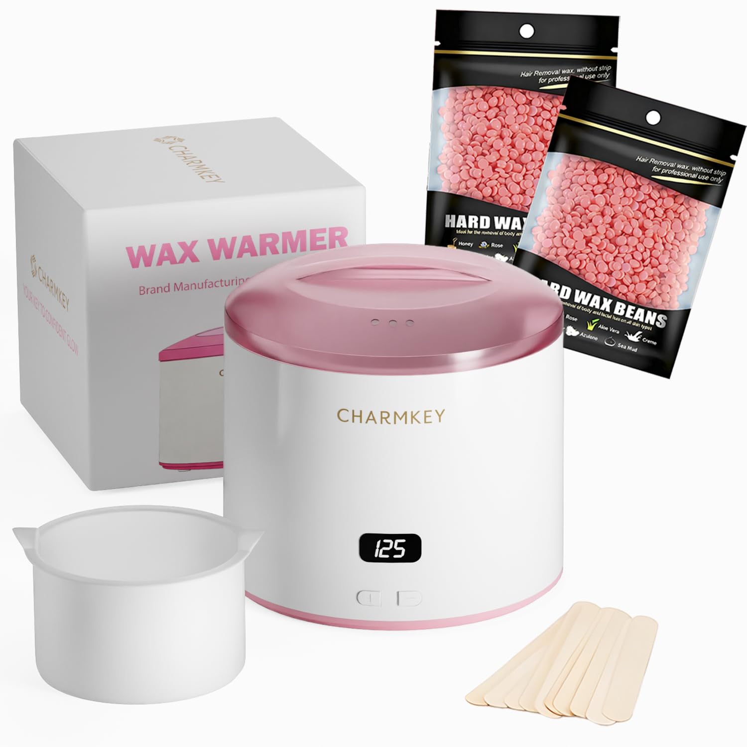 CHARMKEY Zestaw do depilacji włosów dla kobiet, cyfrowy podgrzewacz wosku z twardymi koralikami woskowymi 200 g, maszyna do woskowania z silikonową miską 480 ml, do twarzy, brwi, bikini, całego ciała