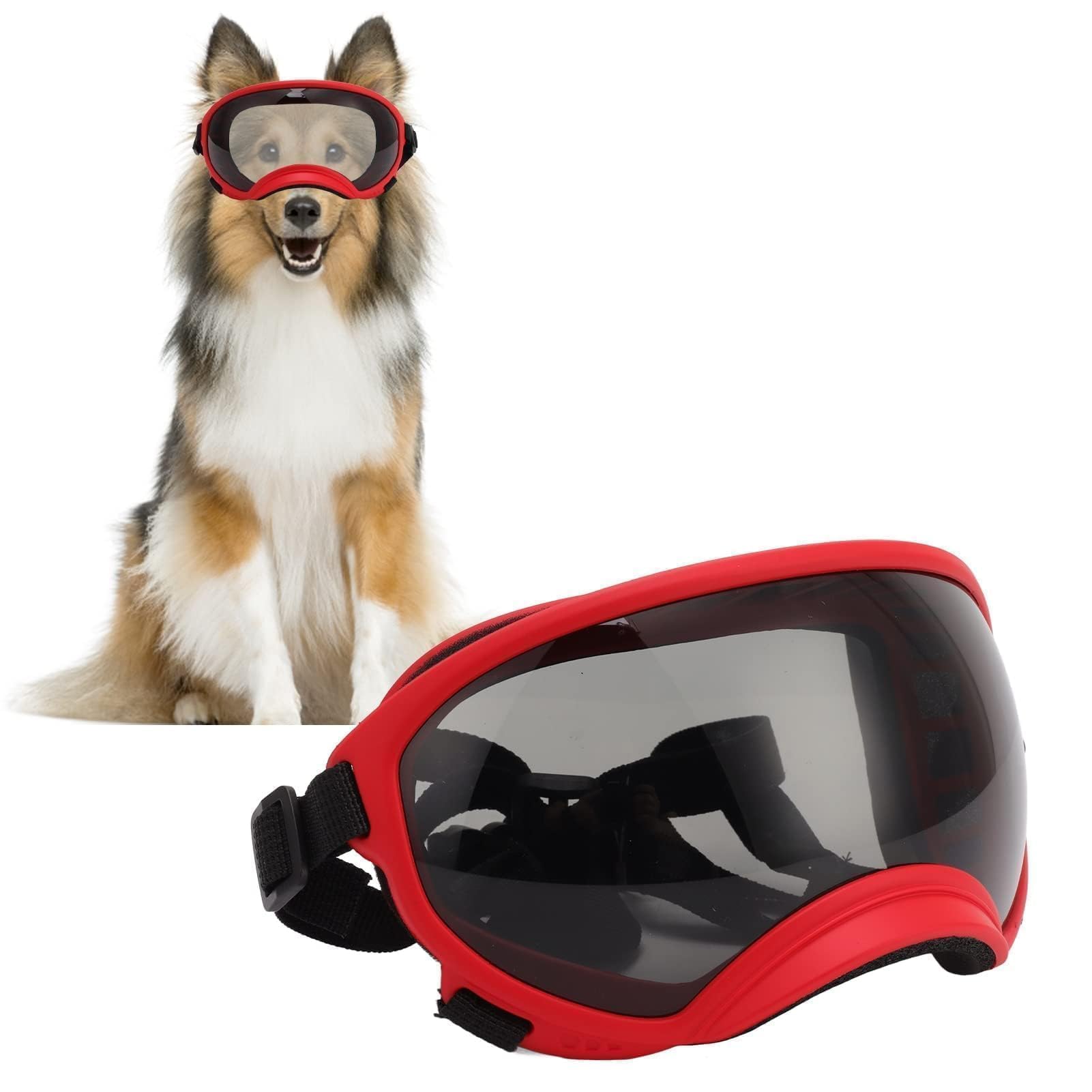 VBESTLIFE Gafas para Perros, a Prueba de Viento y Rayos Ultravioleta, Correa Ajustable, Gafas de Sol Duraderas para Perros Grandes (Montura Roja y Gafas Negras)