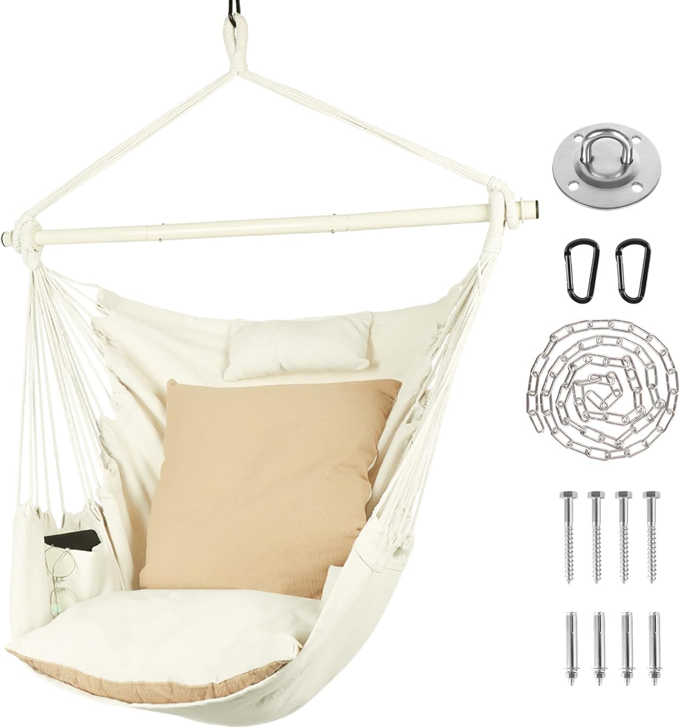 Hammock Chair Hanging Rope Swing - Max 500 Lbs - 2 Cushions & 1 Neck Pillow Included - Heavy-Duty Steel Spreader Bar with Anti-Slip Rings - for Any Indoor or Outdoor Spaces (Beige)