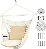 Vista 1 de Silla hamaca colgante con cuerda – Máximo 500 libras – 2 cojines y 1 almohada para el cuello incluida – Barra separadora de acero resistente