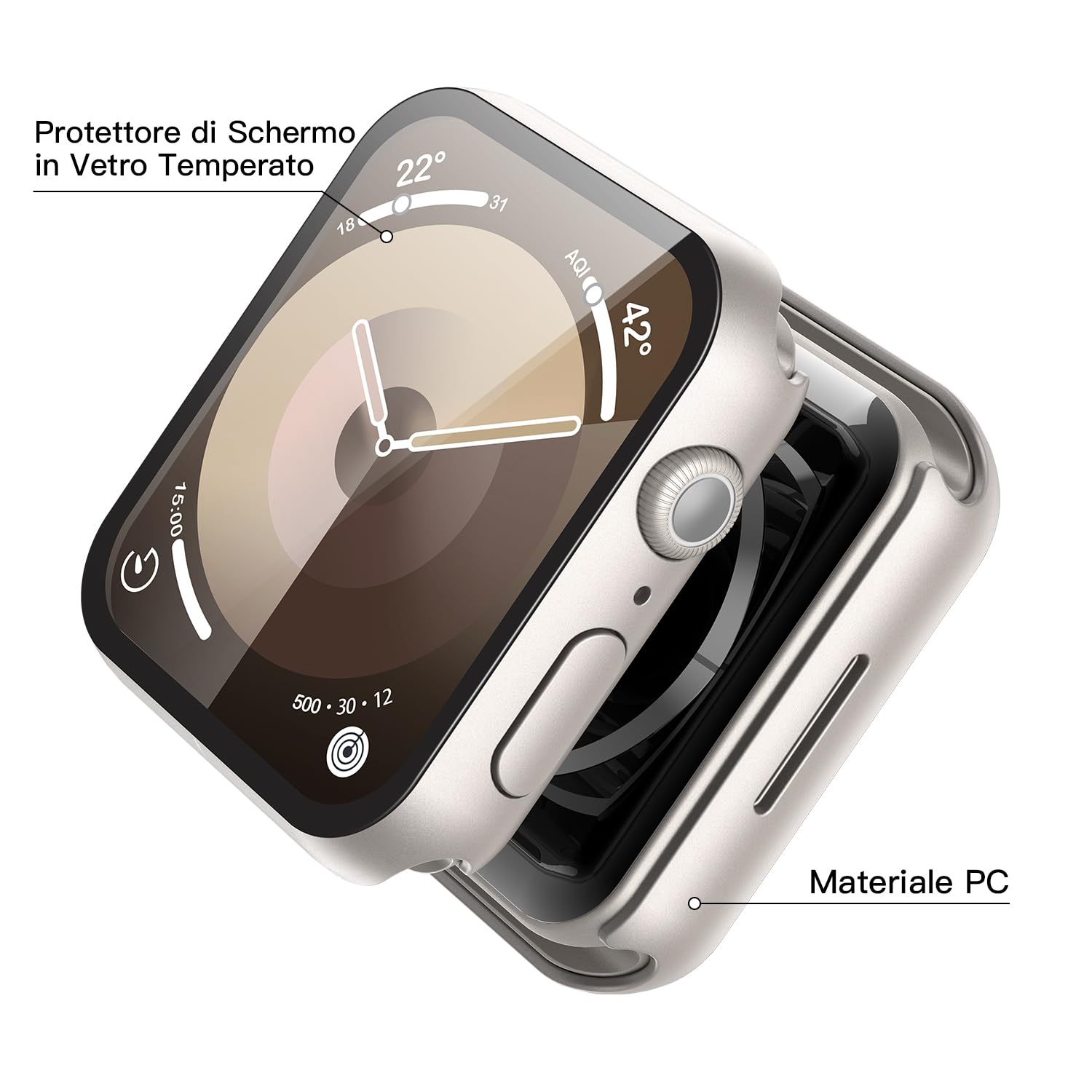 Misxi 2 Pezzi PC Cover Protezione in Vetro Temperato Compatibile con Apple Watch Serie 9 Serie 8 Serie 7 41mm, Custodia Resistente Graffi Leggero per iWatch, 1 Luce Stellare + 1 Trasparente