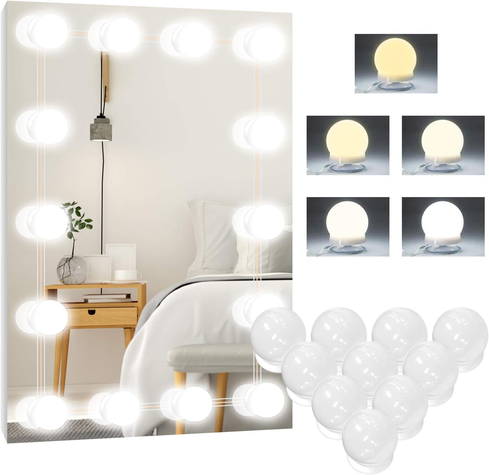 LED Vanity Mirror Light Kit, 5 Colours Modes Hollywood Style USB Makeup Mirror With 10 Dimmable Bulbs, 10 Levels Brightness for Dressing Table