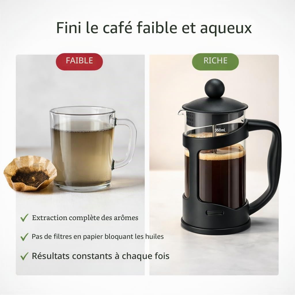 GLOW Classic Continental Cafetière noire 350 ml – Cafetière manuelle de qualité supérieure avec cafetière à piston en verre trempé résistant aux chocs et filtre à piston pour haricots moulus expresso