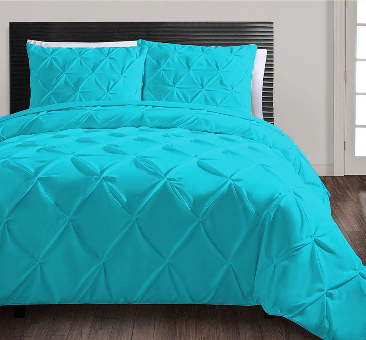 Housse de couette plissée turquoise et drap-housse coton égyptien 600 fils lit simple