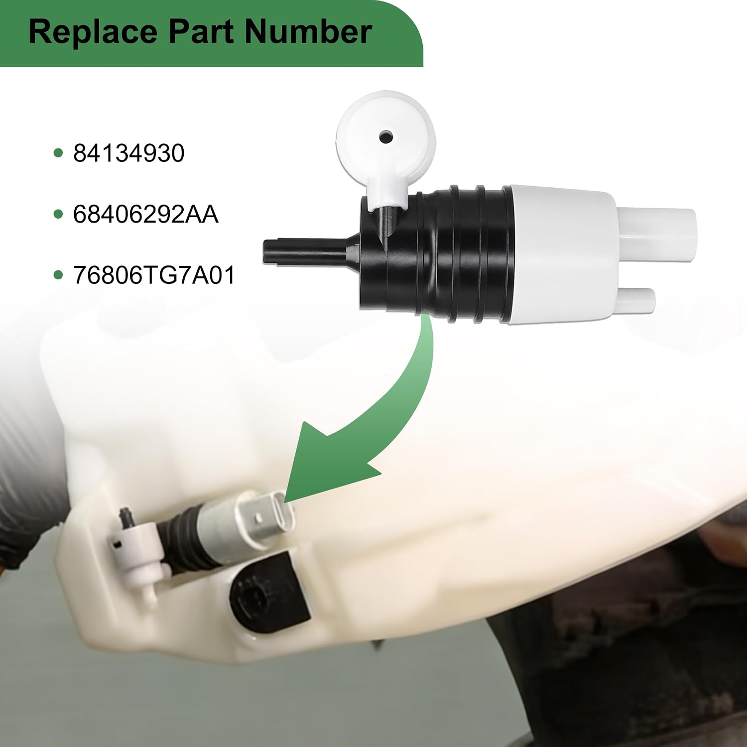 Windshield Washer Pump with Grommet Compatible with Chevy Chevrolet Equinox Jeep Wrangler Cherokee Honda Odyssey Pilot Ford Escape Some Models # 68406292AA 76806TG7A01 84134930