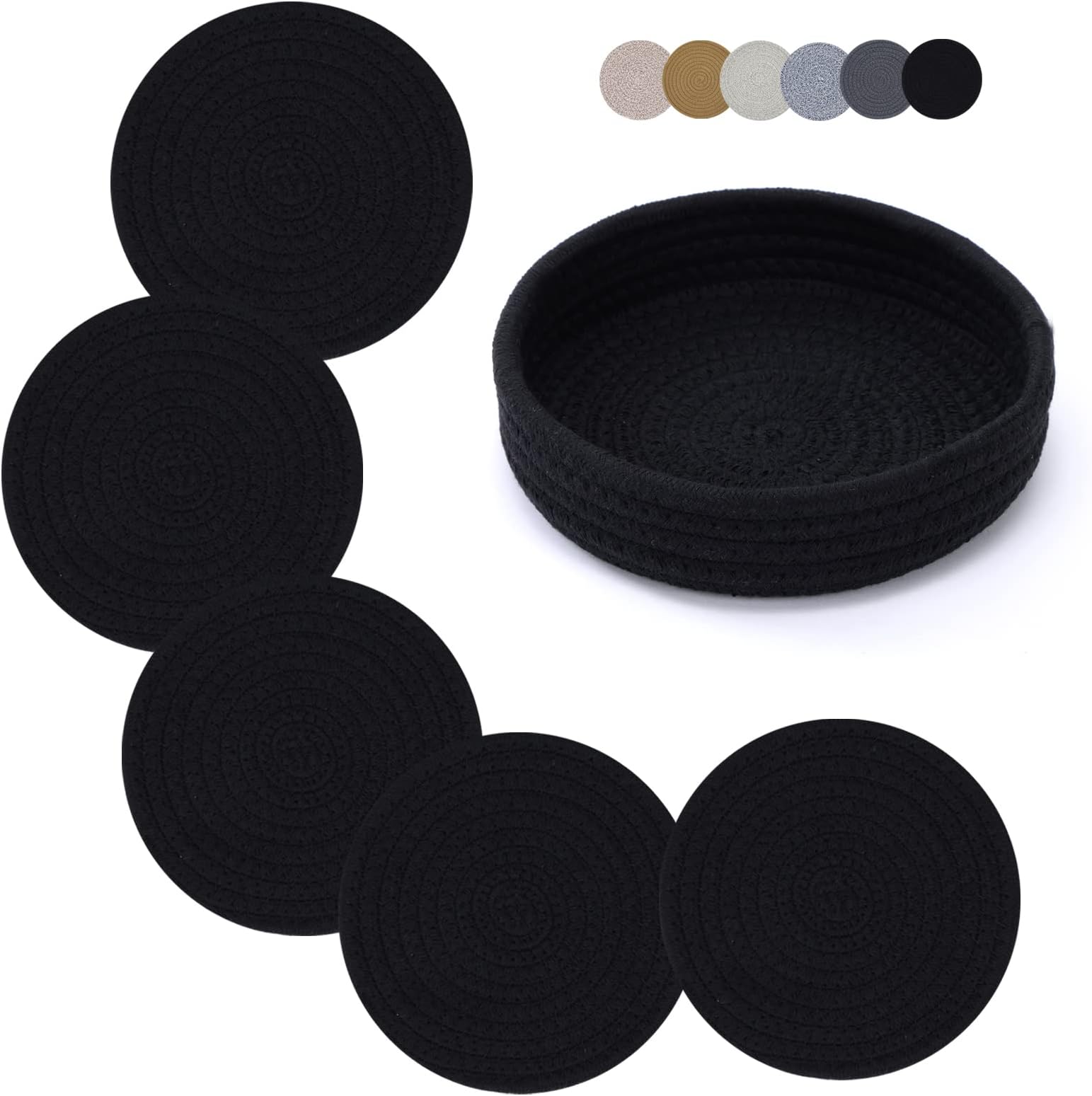 Coga Trivets for Dishes, Pots and Pans, 7 Inch Hot Pads 5 Pcs with Storage Basket for Countertops, Pot Holders for Kitchen, Cotton Table Protector Hot Mats Heat Resistant (Black)