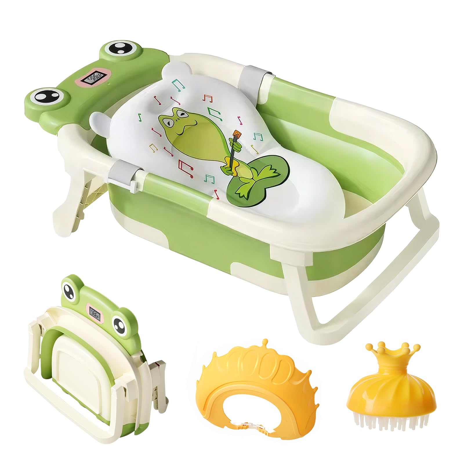 MINGPINHUIUS Bañera con cojín para bañera, plegable, con termómetro integrado, gorro de ducha, bañera para bebés y niños de 0 a 36 meses (verde)
