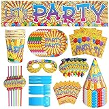 cuchara que sopla ➤Tiempo de fiesta exclusivo: la vajilla está impresa con globos de dibujos animados, confeti, sombreros de fiesta y letras coloridas con "FIESTA". Sus colores brillantes añaden ambiente a la fiesta. Perfecto para fiestas de carnaval, fiestas de cumpleaños, barbacoas al aire libre, despedidas de soltera y otras ocasiones.