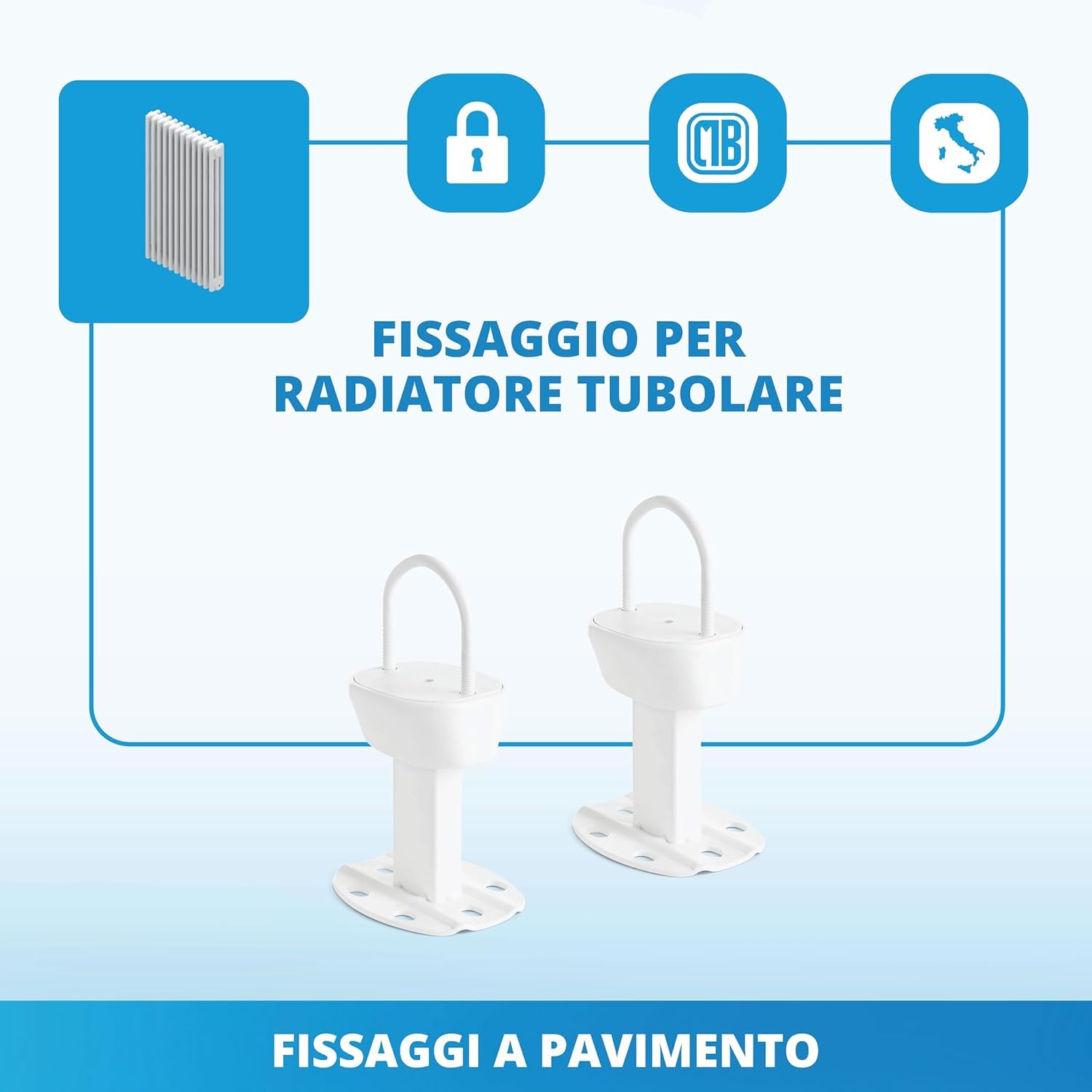 Supporto a pavimento per termosifoni tubolari aventi collettore con diametro da 45 mm a 60 mm con portata fino a 200kg. Sistema Anti Sgancio avanzato per massima sicurezza.