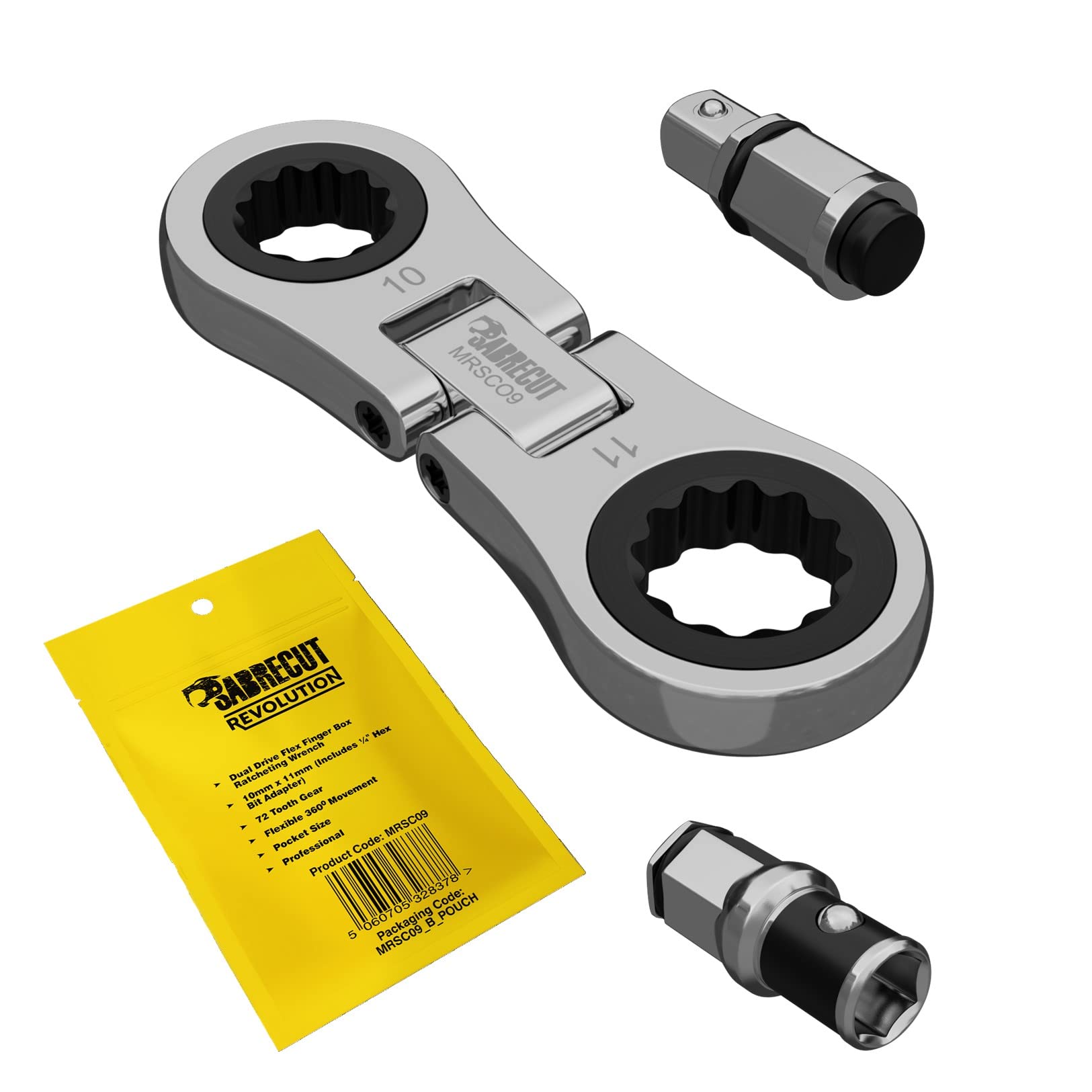 Sabrecut Chrome 1 X Mrsc09 Dual Drive Flex 10Mm & 11Mm Small Micro Ratchet With 6.3Mm (1/4") Hex & 1/4" Square Drive Adapters Stainless Steel 72 Tooth Gear Tiny Hand Ratchet Wrench