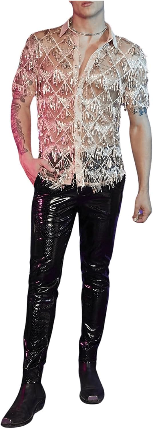 WDIRARA Men's Sequin Decor Fringe Button Front Shirts Short Sleeve Sheer Party T Shirt - Image 6