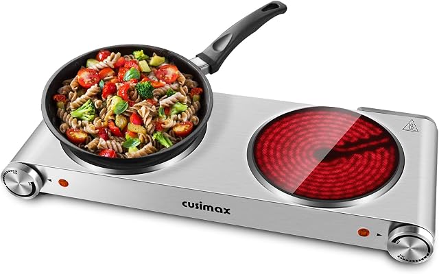 Double Hot Plate, CUSIMAX 2400W Electric Hob Ceramic Hot Plate, Portable Double Camping Hob Infrared Cooktop with Dual Temperature Control, Easy to Clean, Stainless Steel, Silver