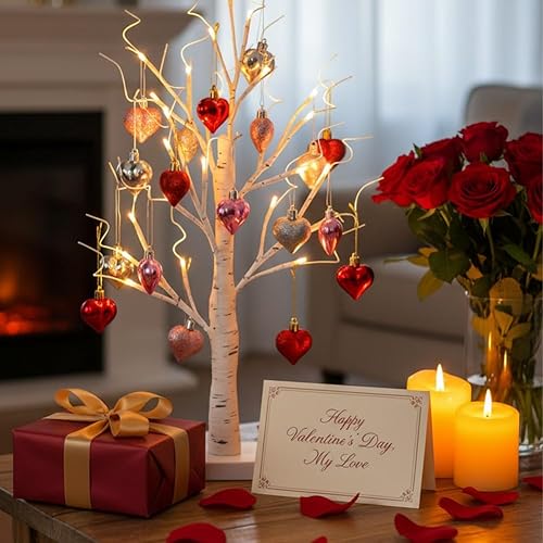 Miniatura 3 de Árbol de abedul iluminado para el día de San Valentín con adornos de corazón, lámpara LED romántica de árbol de ramita de abedul de mesa, 24 luces