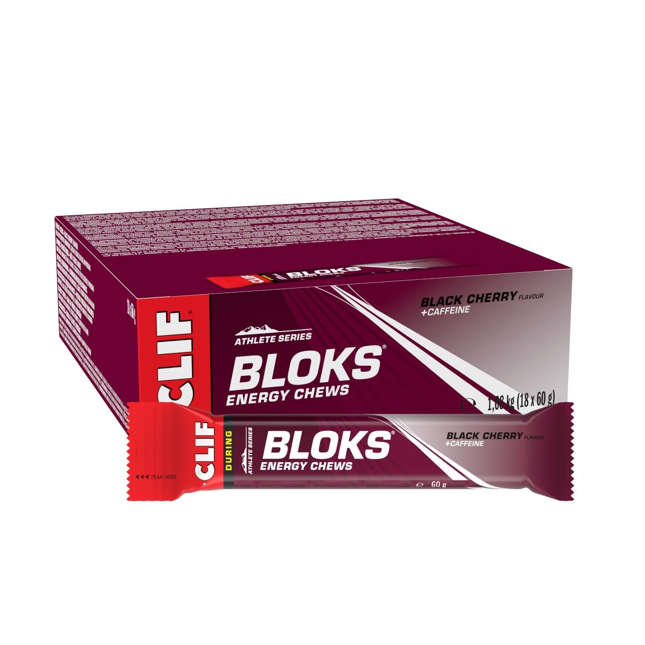 CLIF BLOKS Energy Chews | Black Cherry with Caffeine | Plant Based | Quick Energy for Cycling and Running | Workout Snack | 18 x 60 g