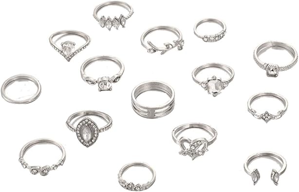 ink2055 Rings for Women Teen Girls,15Pcs/Set Boho Women Rhinestone Leaf Heart Geometric Finger Ring Jewelry Gift, Gifts for Women Men Girls