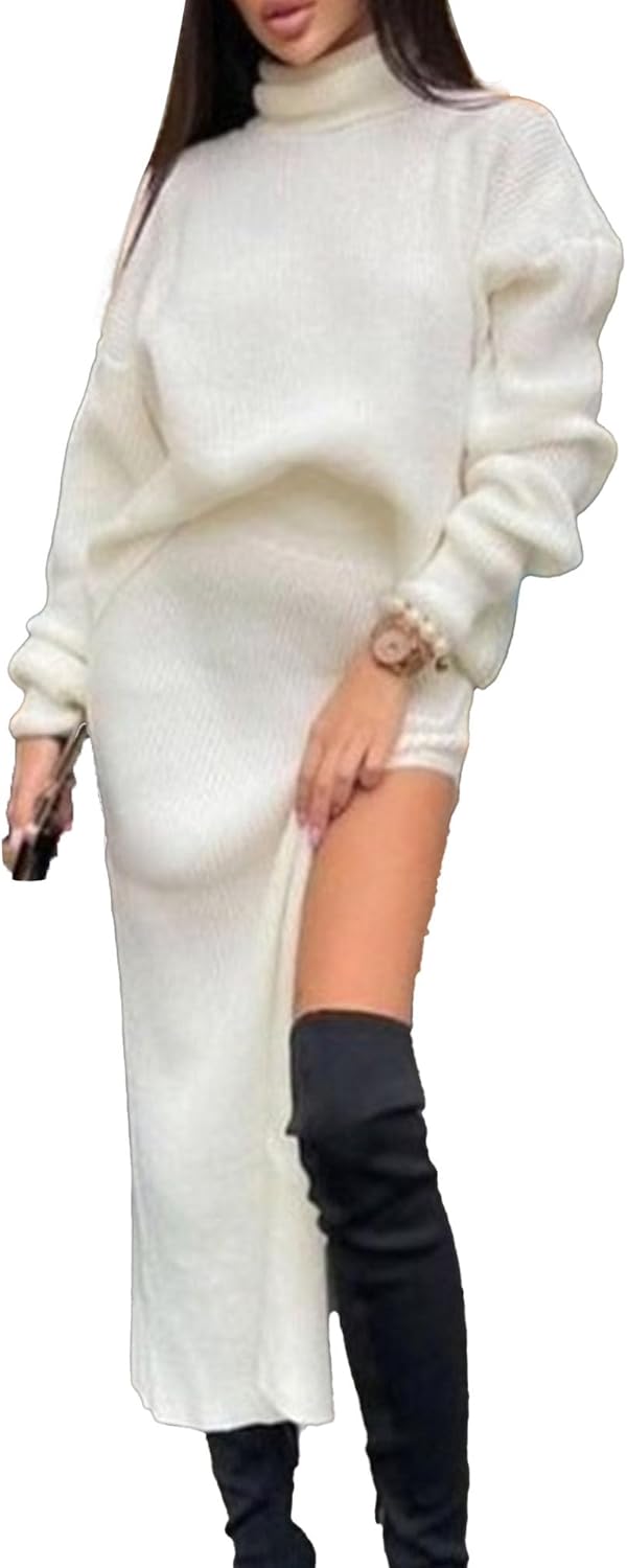 Generic Women'S Casual 2 Piece Outfits Turtleneck Cable Knit Sweater Bodycon Skirt Winter Long Sleeve Ribbed Sweater Sets